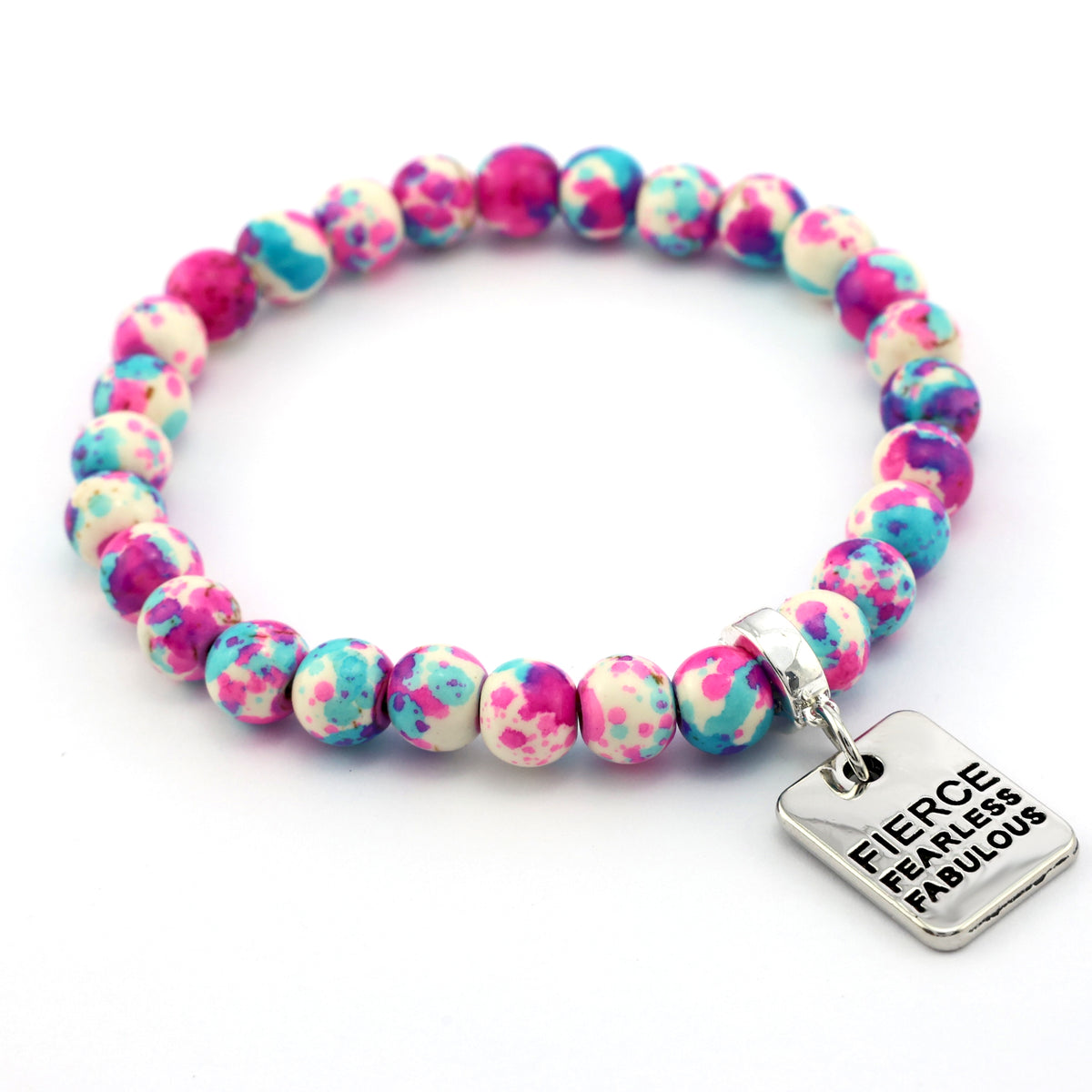 Stone Bracelet - Pop Fizz Patch Agate Speckled Howlite 8mm Beads - With Silver Word charm