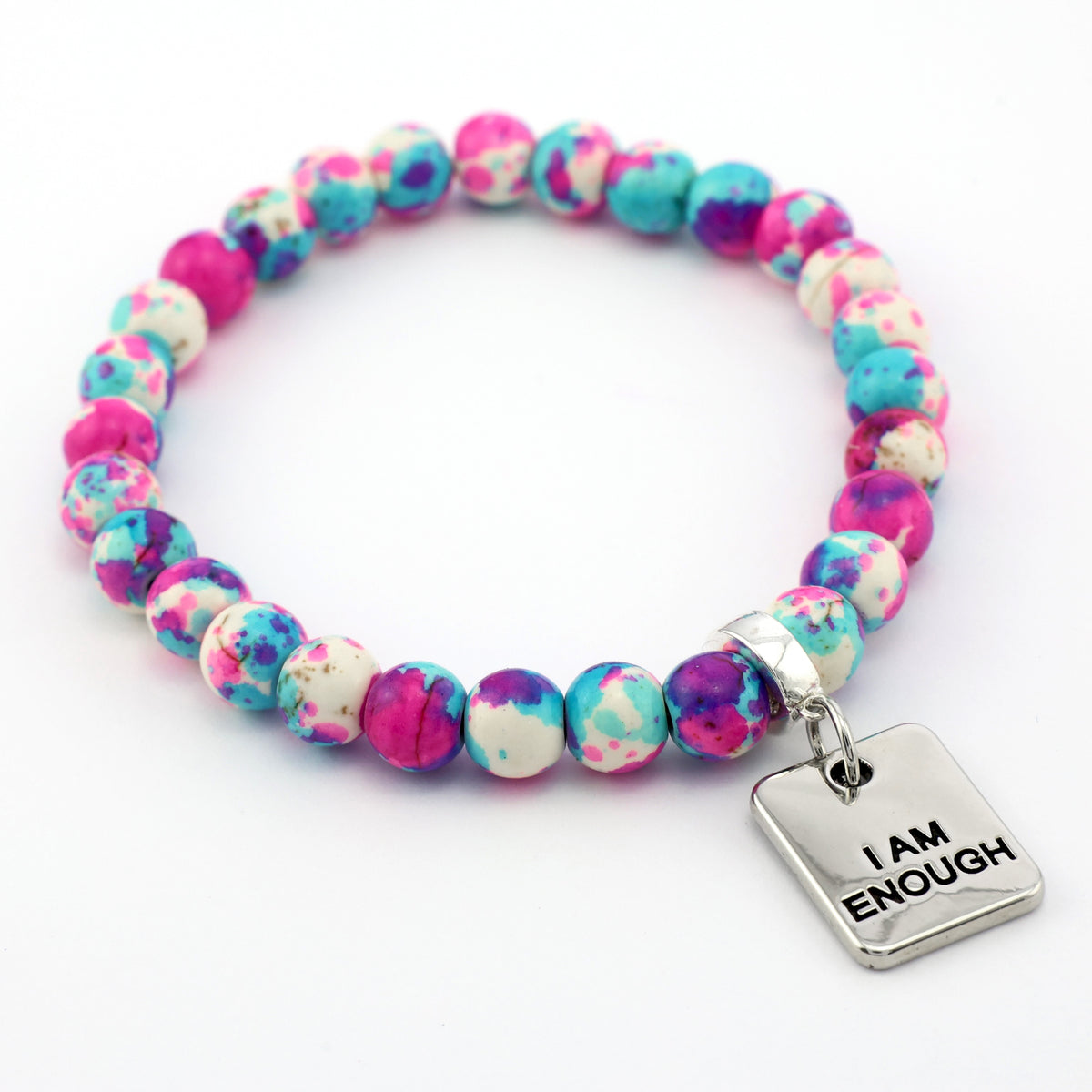 Stone Bracelet - Pop Fizz Patch Agate Speckled Howlite 8mm Beads - With Silver Word charm