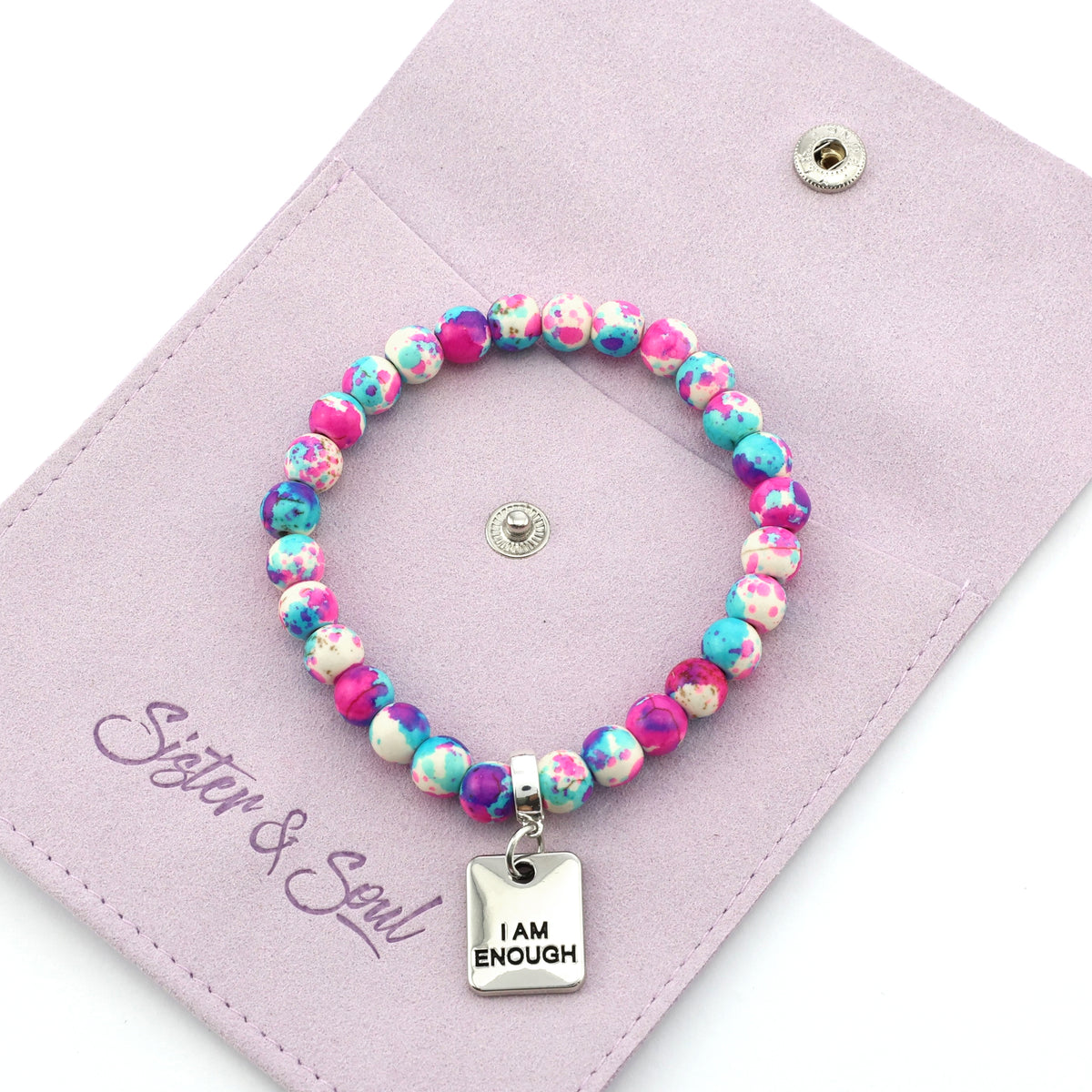 Stone Bracelet - Pop Fizz Patch Agate Speckled Howlite 8mm Beads - With Silver Word charm