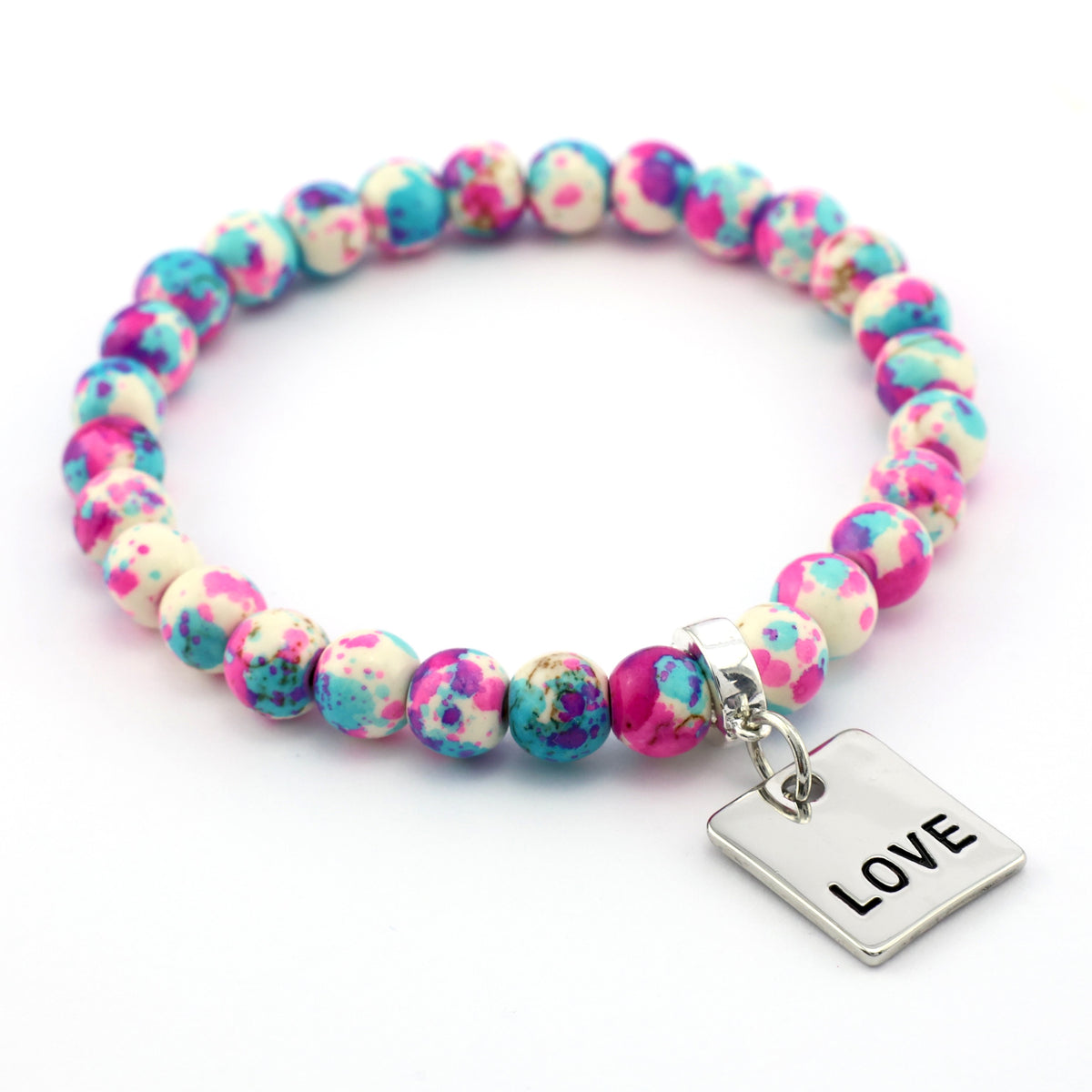 Stone Bracelet - Pop Fizz Patch Agate Speckled Howlite 8mm Beads - With Silver Word charm