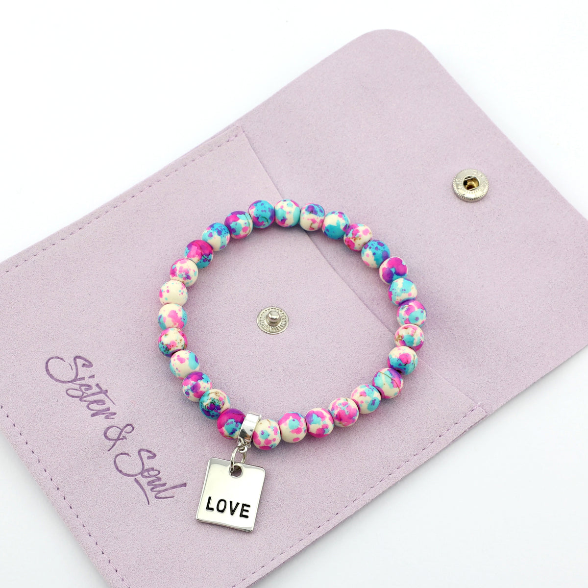 Stone Bracelet - Pop Fizz Patch Agate Speckled Howlite 8mm Beads - With Silver Word charm