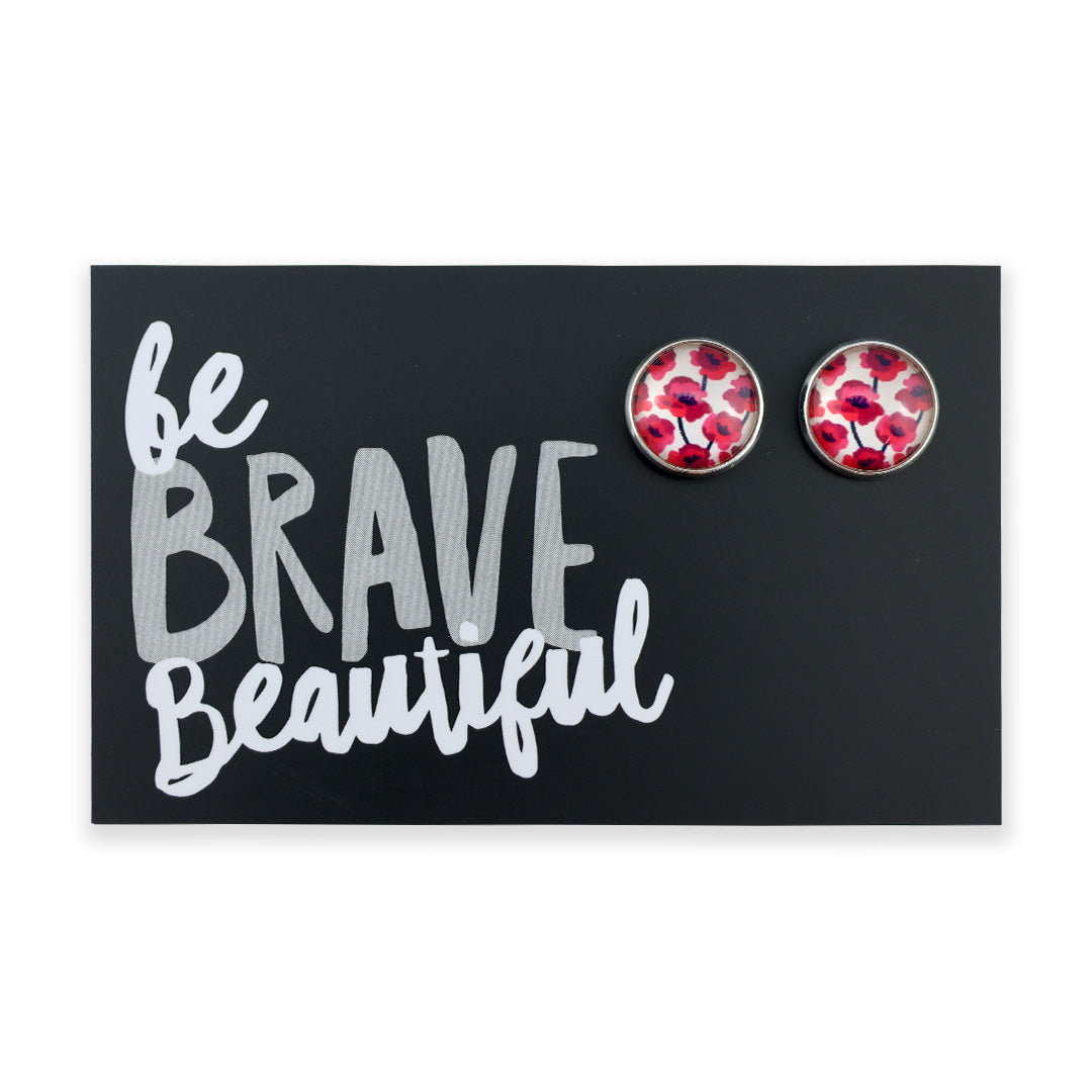 POPPIES Collection - Be Brave Beautiful - Bright Silver 12mm Circle Studs - Poppies Print (12423)