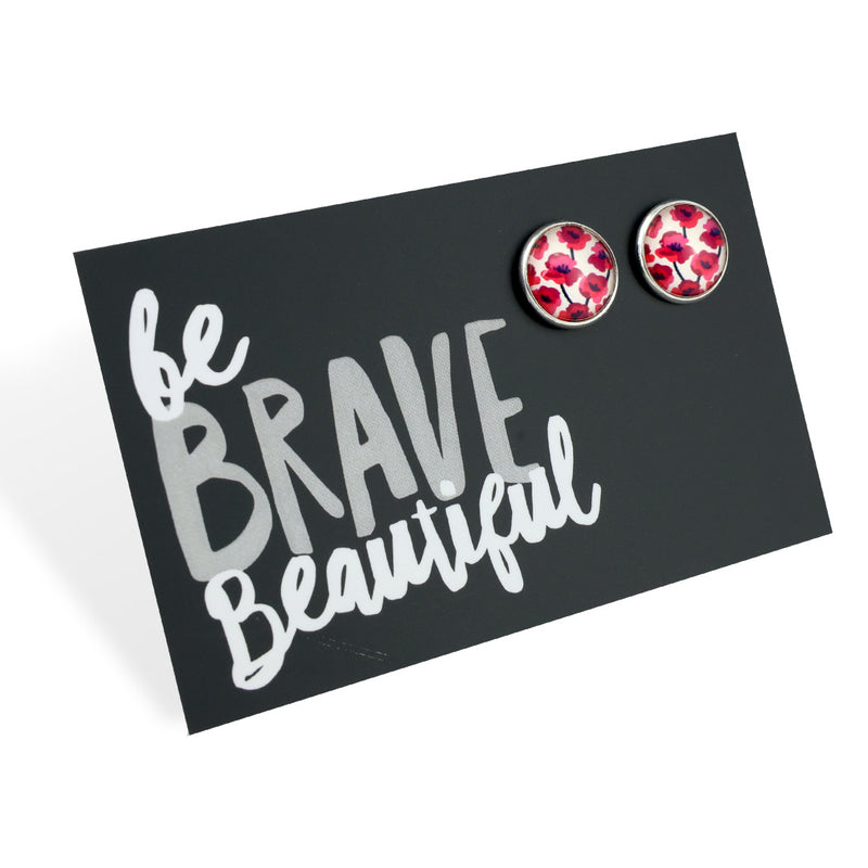POPPIES Collection - Be Brave Beautiful - Bright Silver 12mm Circle Studs - Poppies Print (12423)