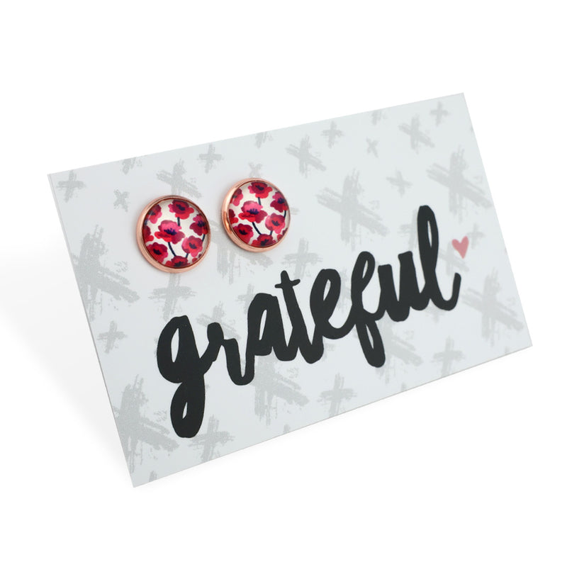 POPPIES Collection - Grateful - Rose Gold 12mm Circle Studs - Poppies Print (12431)