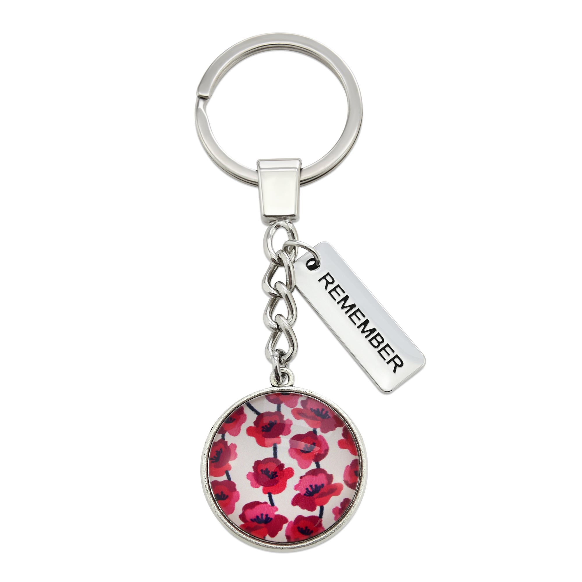 POPPIES Collection - Vintage Silver 'REMEMBER' Keyring - Poppies Print (10323)