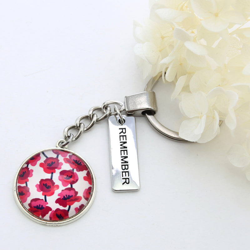 POPPIES Collection - Vintage Silver 'REMEMBER' Keyring - Poppies Print (10323)