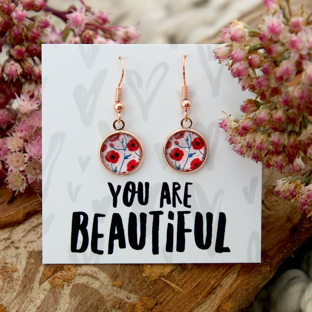 Poppies Collection | Rose Gold 'You Are Beautiful' 12mm Circle Dangles - Sweet Memorial