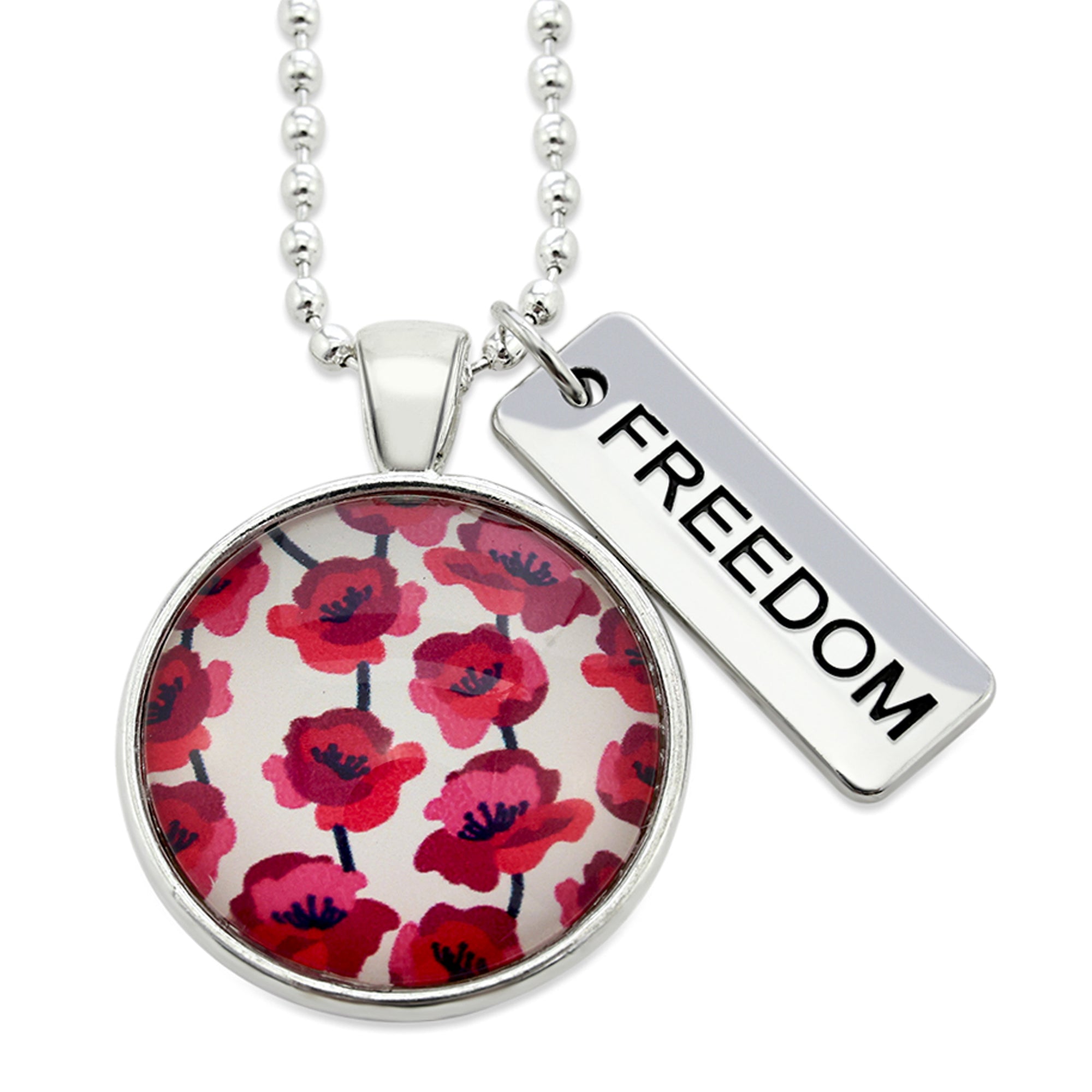 POPPIES Collection - Bright Silver 'FREEDOM' Necklace - Poppies Print (10245)