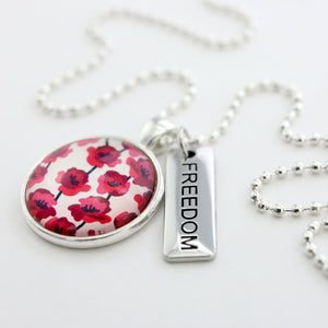 POPPIES Collection - Bright Silver 'FREEDOM' Necklace - Poppies Print (10245)