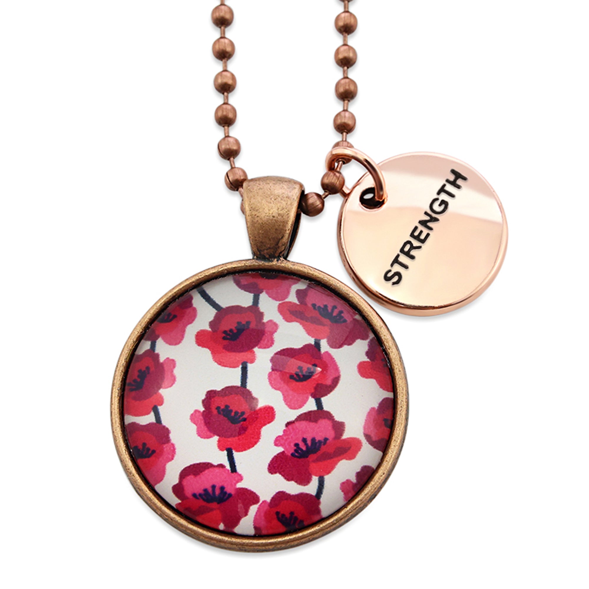POPPIES Collection - Vintage Copper 'STRENGTH' Necklace - Poppies Print (10444)