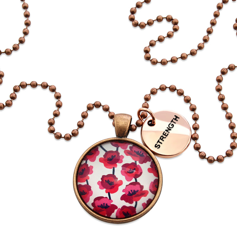 POPPIES Collection - Vintage Copper 'STRENGTH' Necklace - Poppies Print (10444)