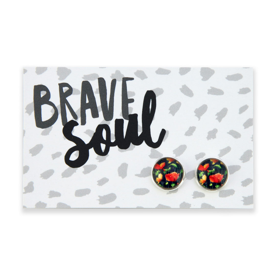 Floral stud earrings on a card with 'Brave Soul' text