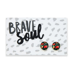 Floral stud earrings on a card with 'Brave Soul' text
