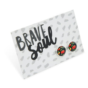 Earring card with 'Brave Soul' text and floral earrings on a white background