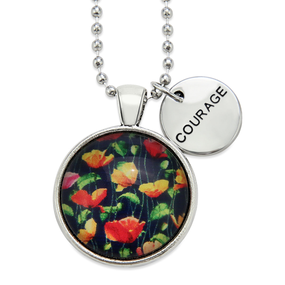 Necklace with floral pendant and 'COURAGE' tag on a white background