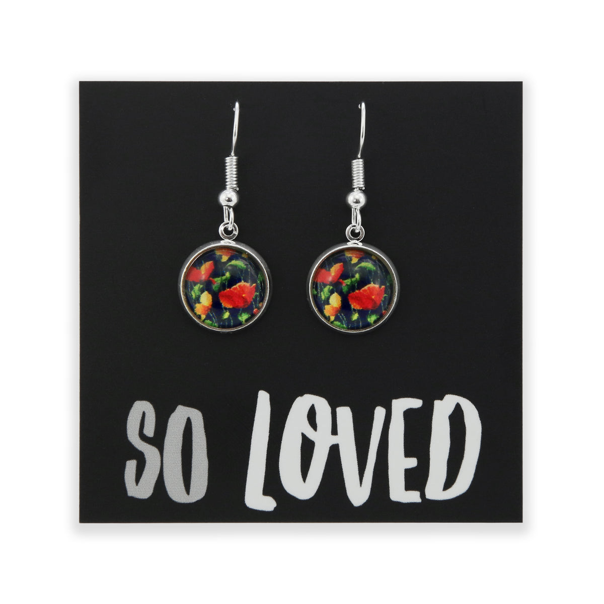 Pair of floral earrings on a black card with 'so loved' text