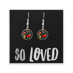 Pair of floral earrings on a black card with 'so loved' text