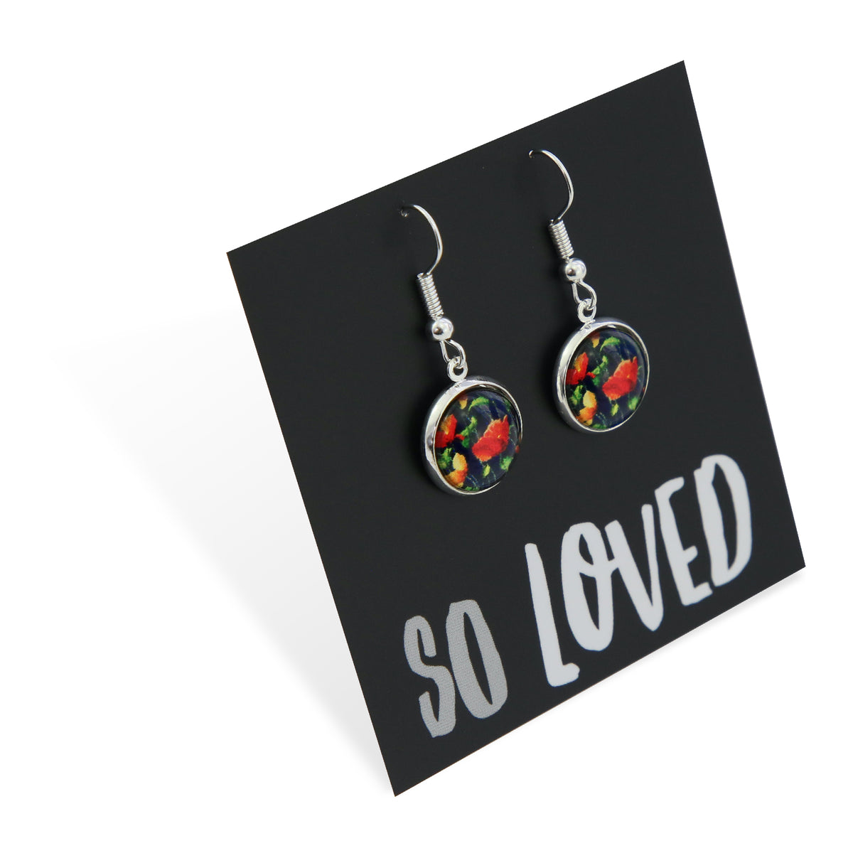 Colorful floral earrings on a black card with 'SO LOVED' text