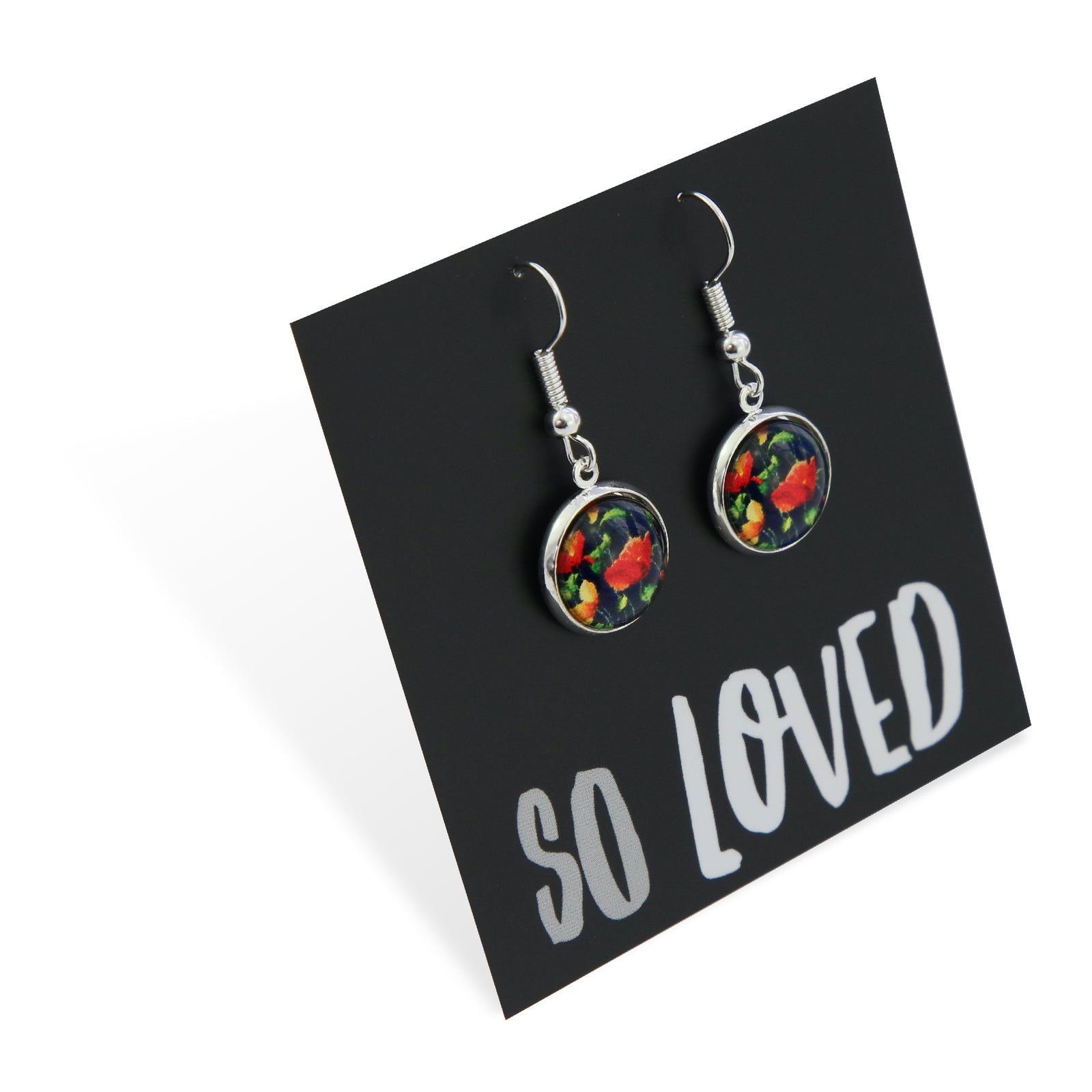 Pair of floral earrings on a black card with 'so loved' text