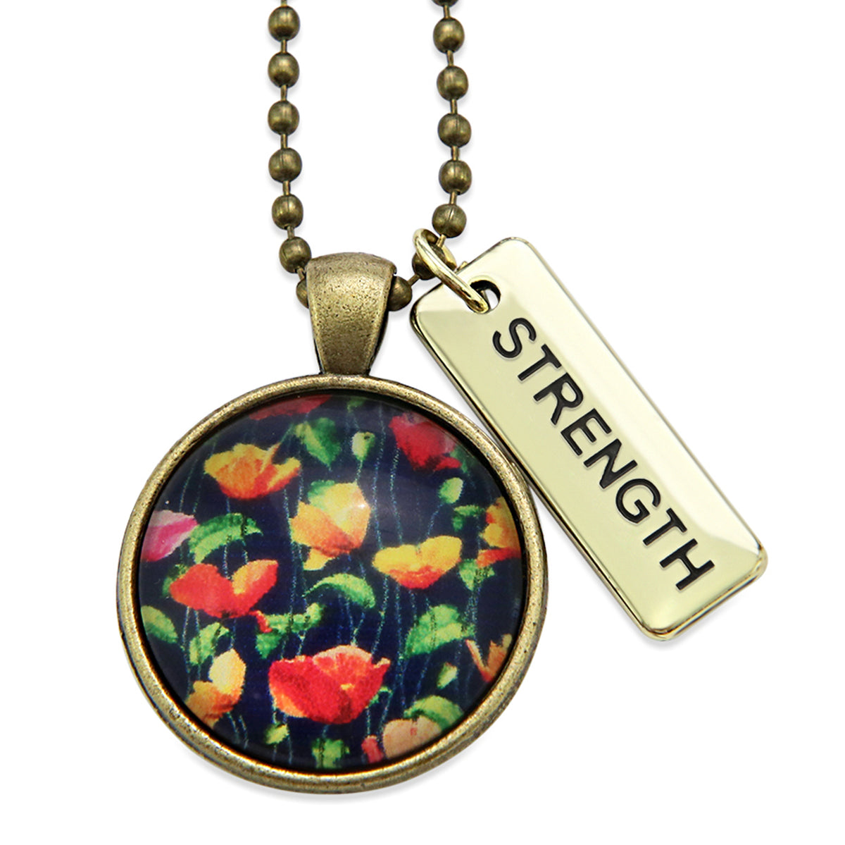 Necklace with floral pendant and 'STRENGTH' tag on a white background