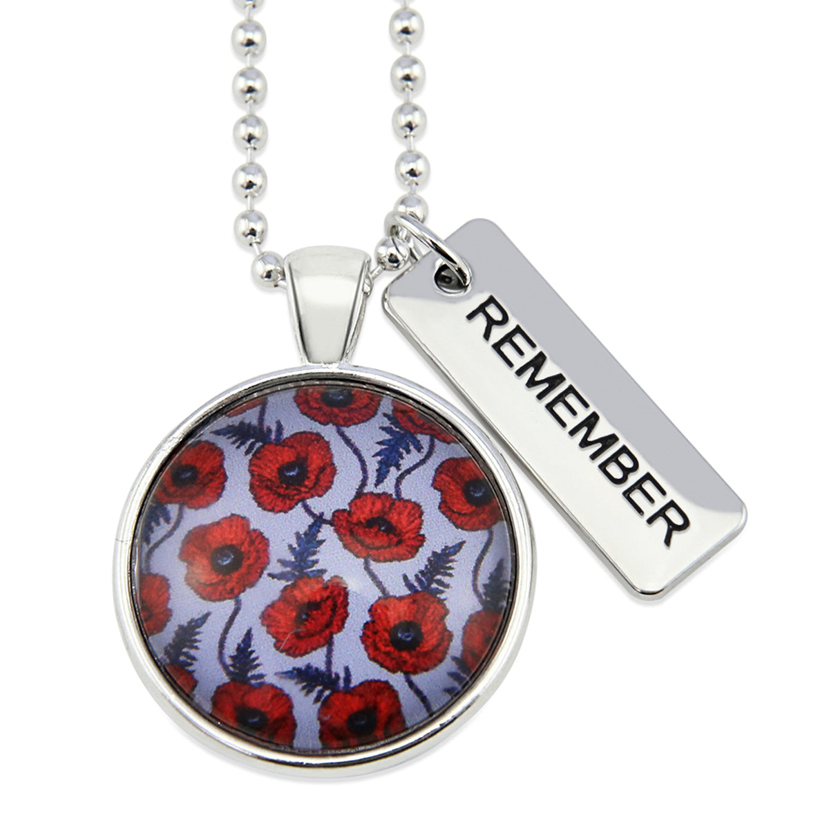 Necklace with red poppy design pendant and 'REMEMBER' tag on a white background