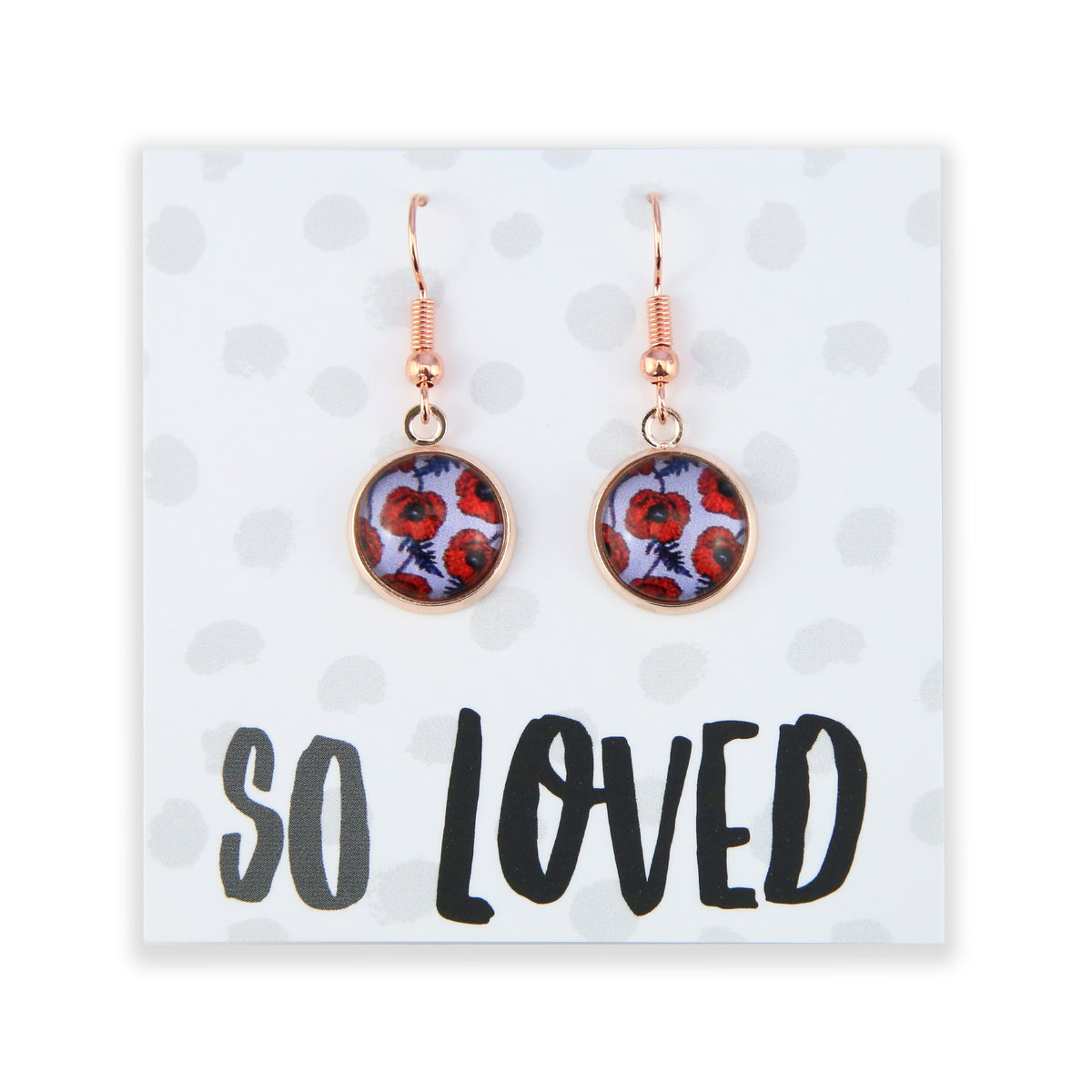 Earrings on a card with 'So Loved' text