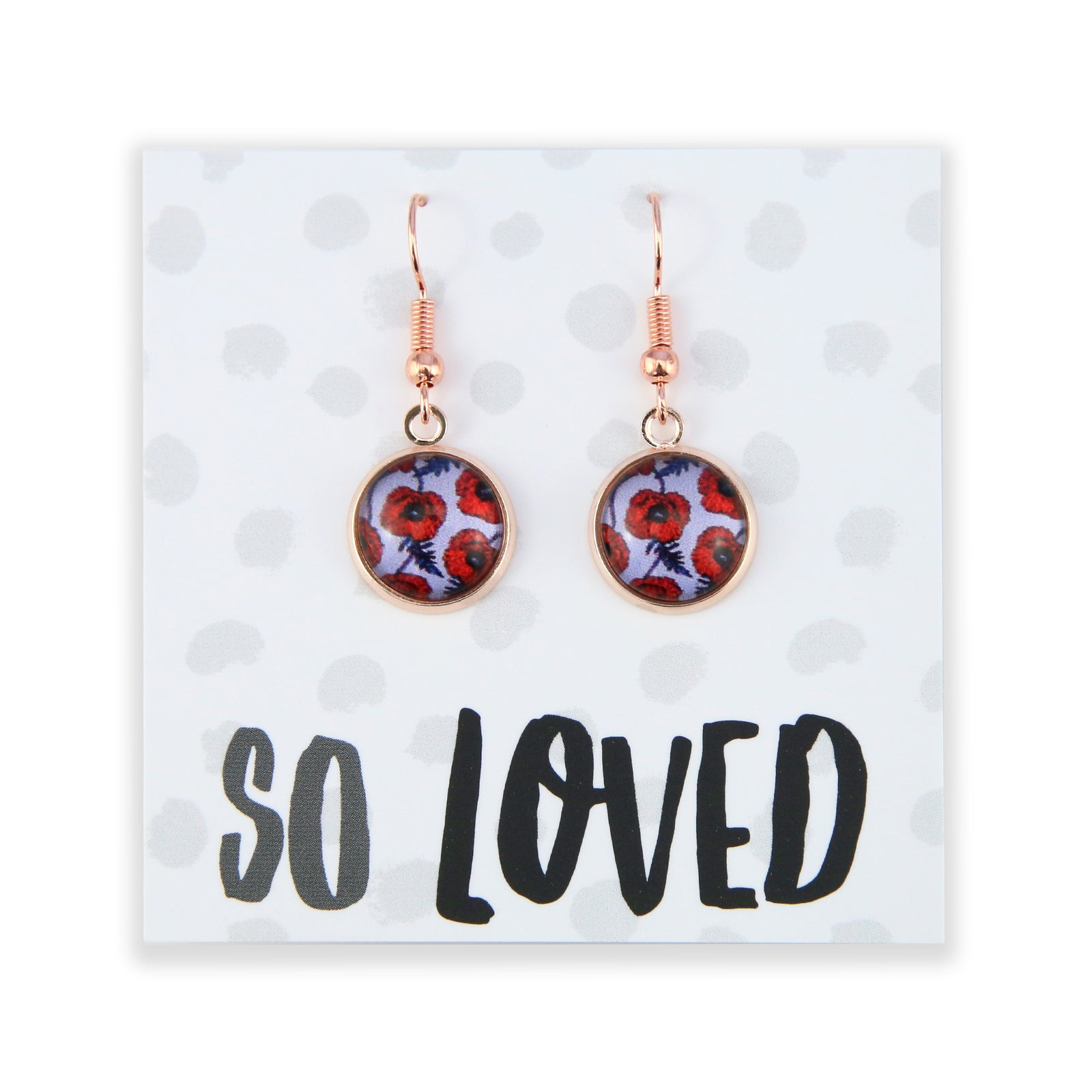 Earrings on a card with 'So Loved' text