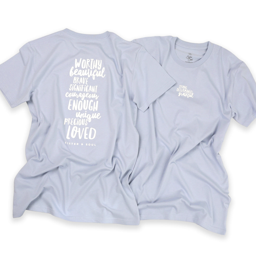 WORTHY BEAUTIFUL BRAVE  - Oversized / Plus Size Long Boxy Tee - Powder Blue with White Print