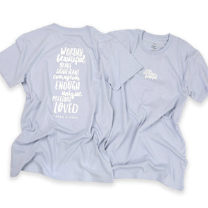 WORTHY BEAUTIFUL BRAVE  - Oversized / Plus Size Long Boxy Tee - Powder Blue with White Print