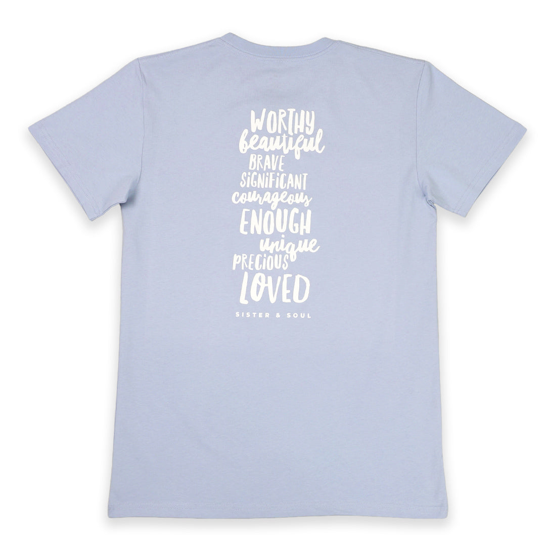 WORTHY BEAUTIFUL BRAVE  - Oversized / Plus Size Long Boxy Tee - Powder Blue with White Print