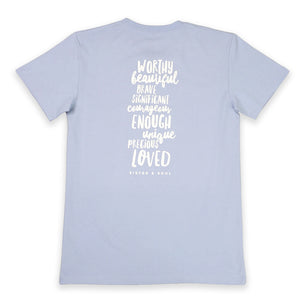 WORTHY BEAUTIFUL BRAVE  - Oversized / Plus Size Long Boxy Tee - Powder Blue with White Print