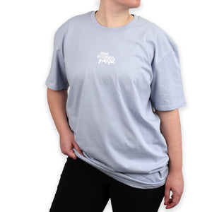 WORTHY BEAUTIFUL BRAVE  - Oversized / Plus Size Long Boxy Tee - Powder Blue with White Print