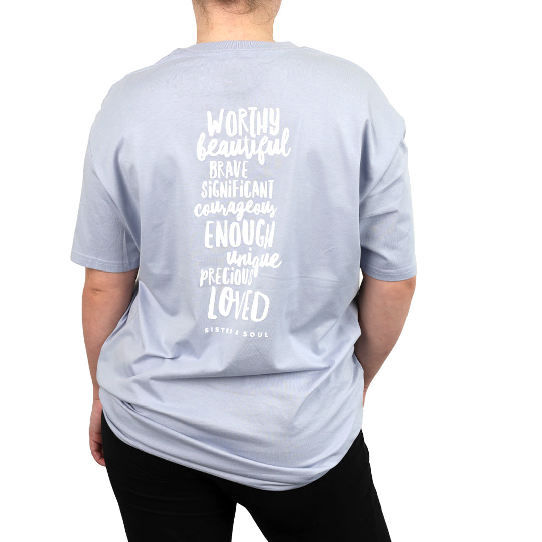 WORTHY BEAUTIFUL BRAVE  - Oversized / Plus Size Long Boxy Tee - Powder Blue with White Print