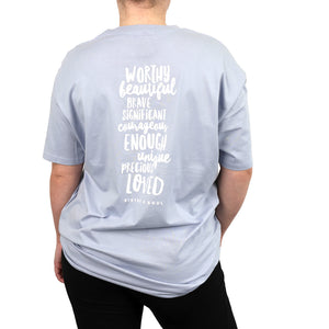 WORTHY BEAUTIFUL BRAVE  - Oversized / Plus Size Long Boxy Tee - Powder Blue with White Print