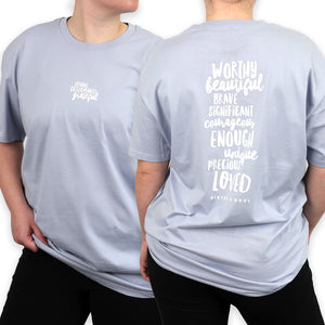 WORTHY BEAUTIFUL BRAVE  - Oversized / Plus Size Long Boxy Tee - Powder Blue with White Print