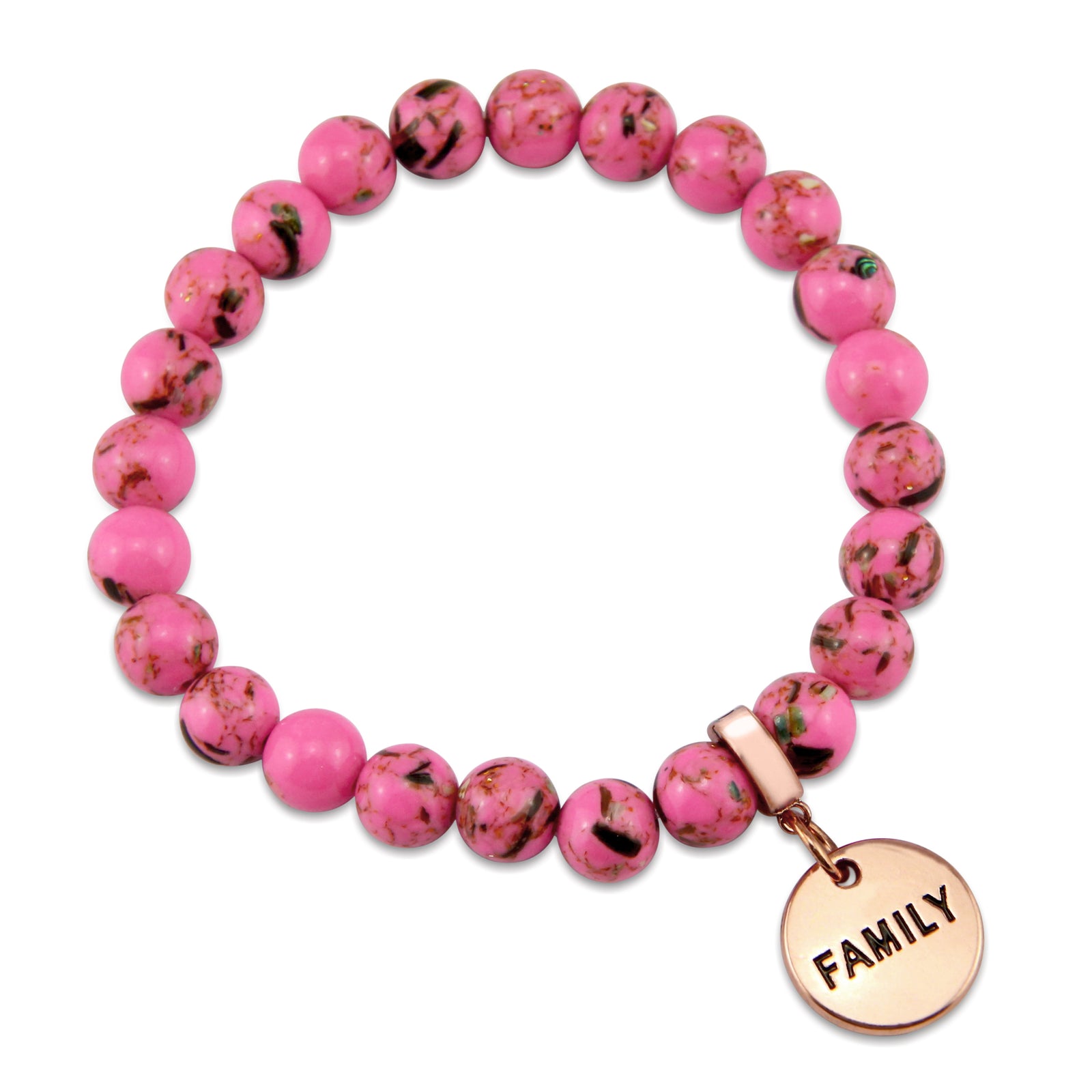 Pink beaded bracelets with rose gold charms on a white background