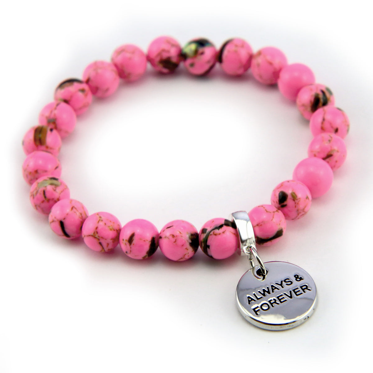Pink beaded bracelet with a silver 'Always & Forever' charm on a white background