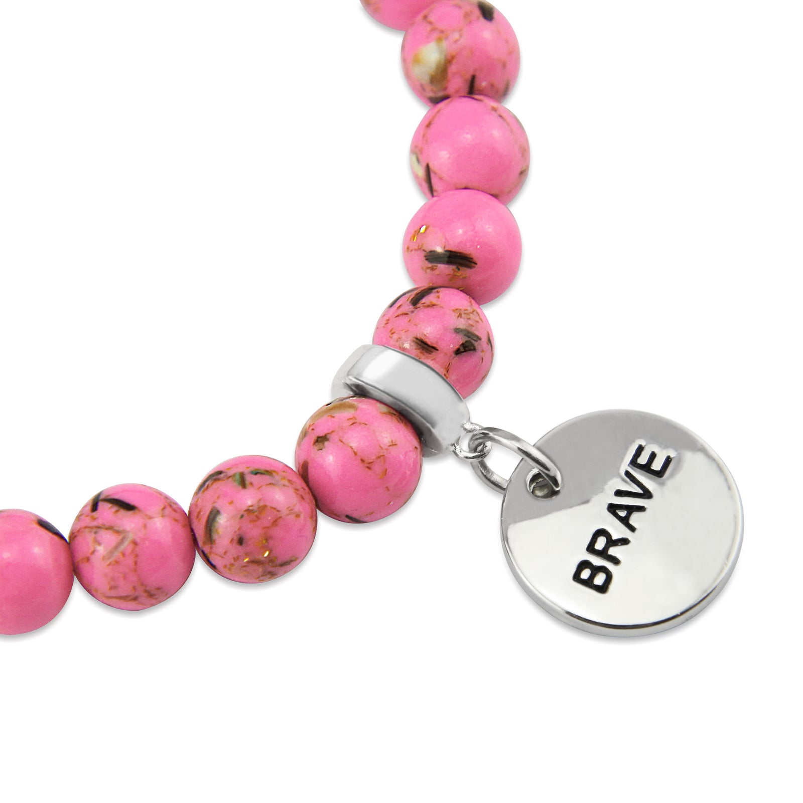 Pink beaded bracelet with silver charms on a white background
