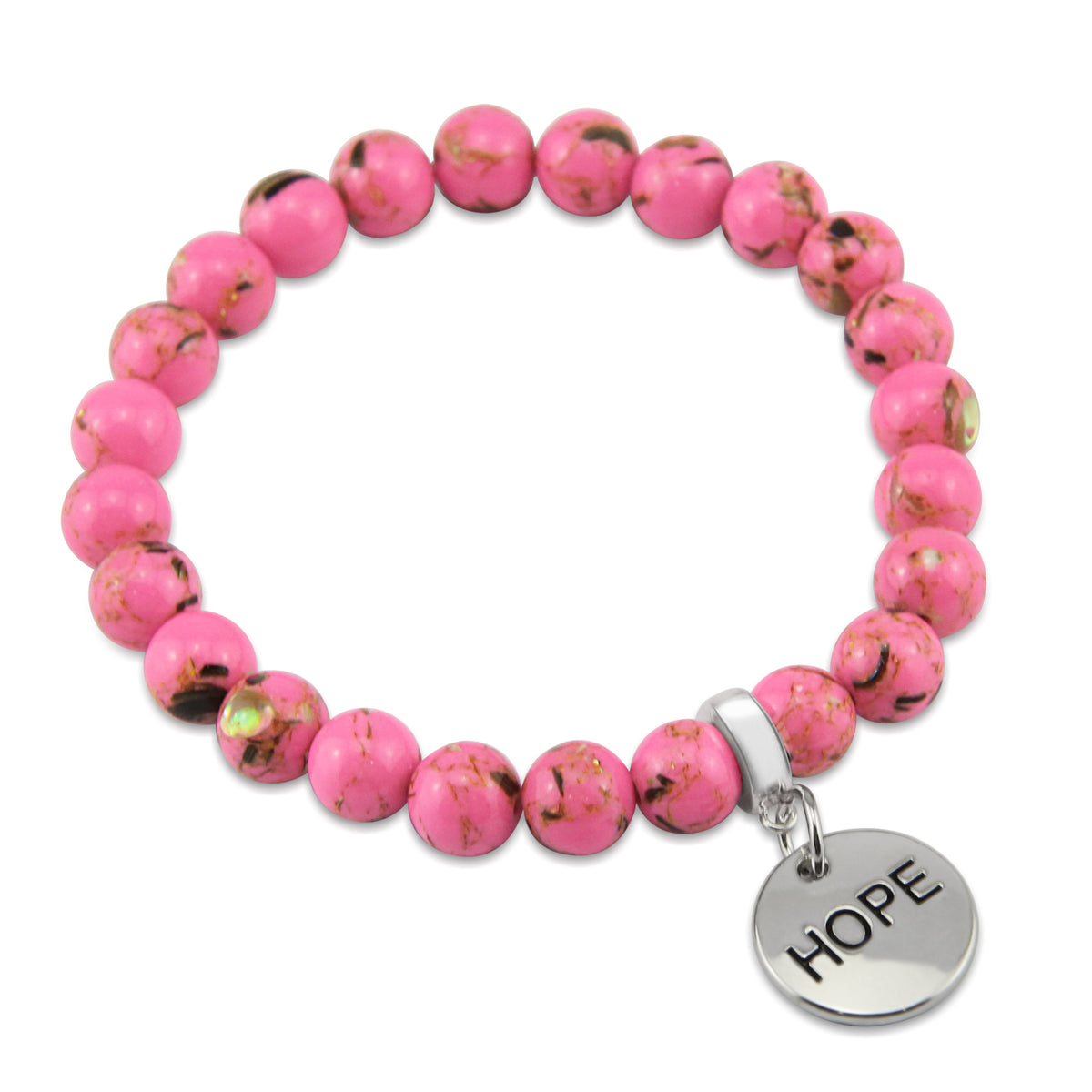 Pink beaded bracelet with a silver 'HOPE' charm on a white background