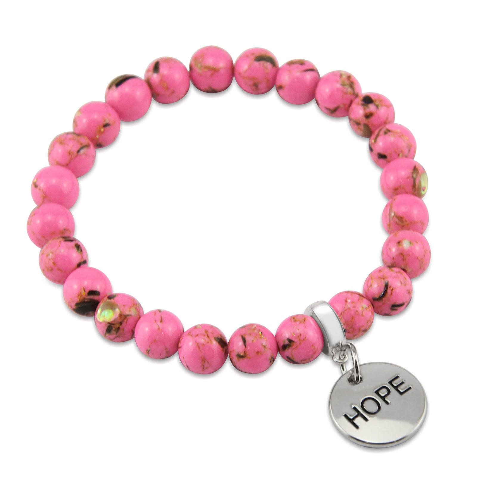 Pink beaded bracelet with silver charms on a white background