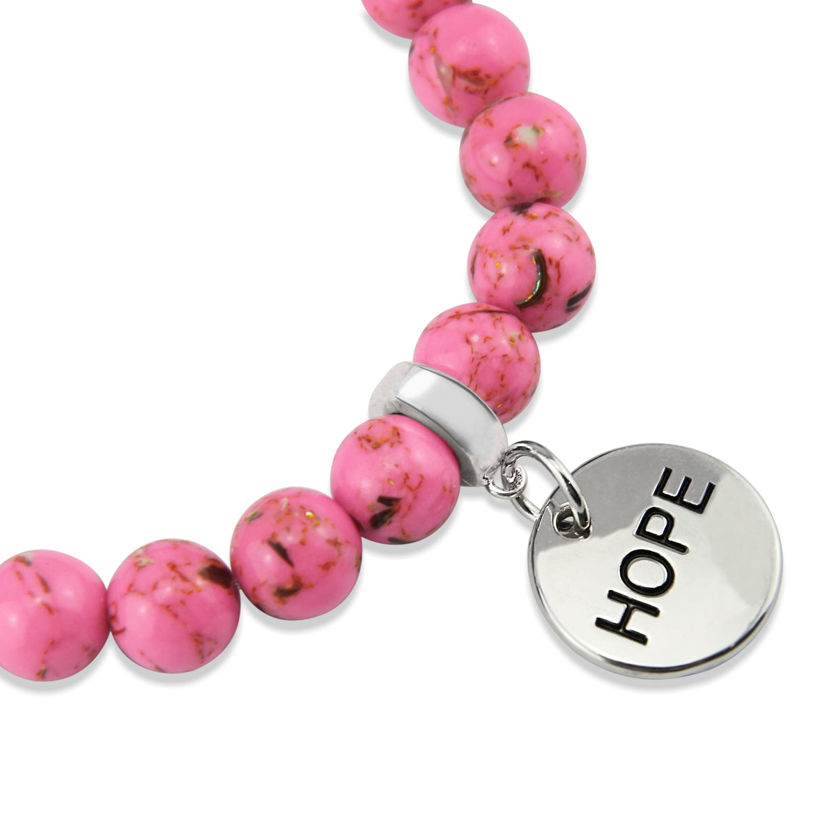 Pink beaded bracelet with a silver 'HOPE' charm on a white background