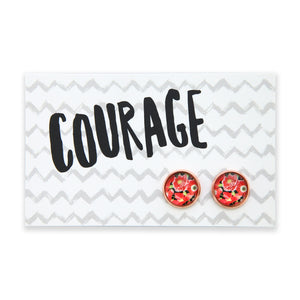 Floral earrings on a card with 'Courage' text