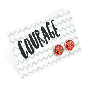Earrings with floral design on a 'Courage' card