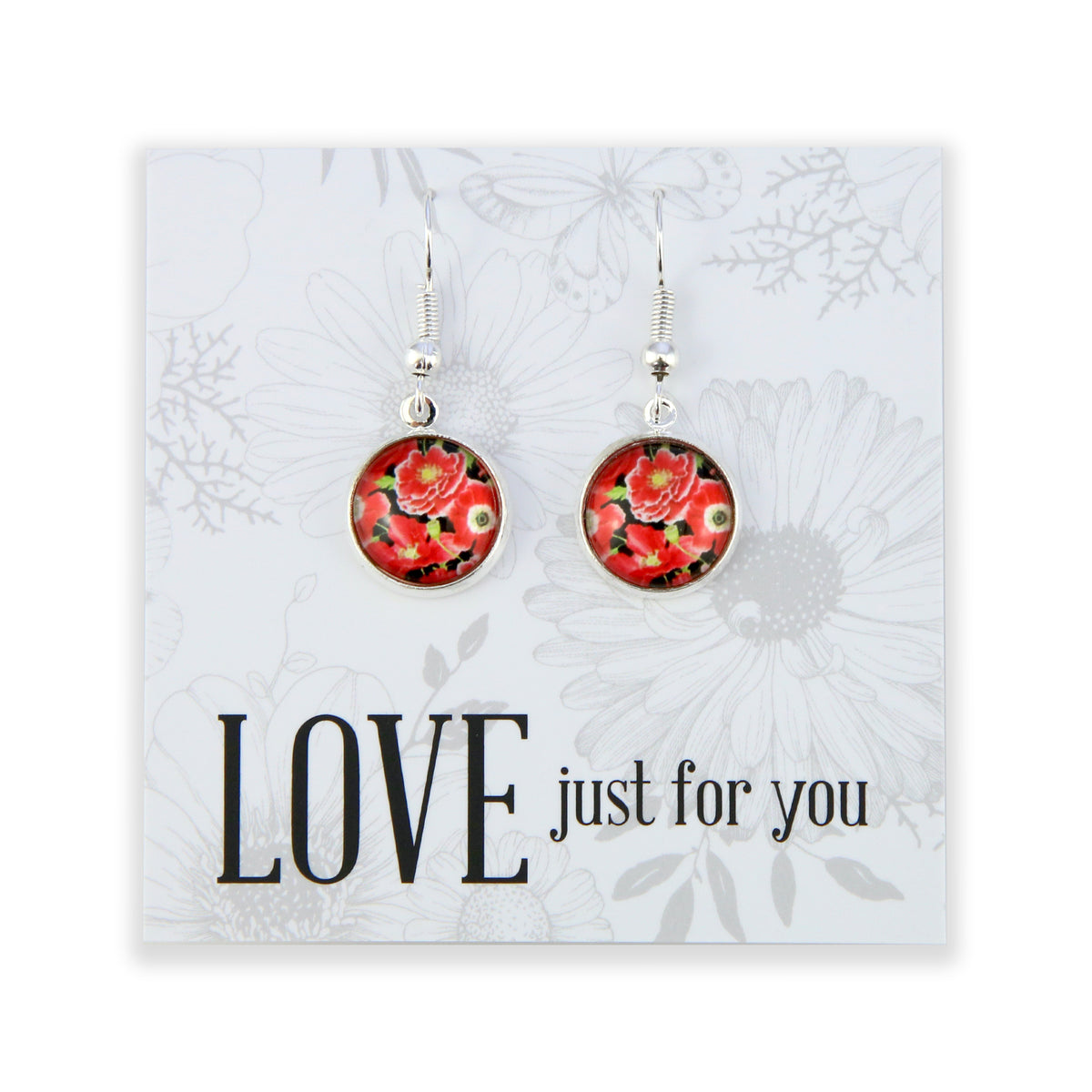 Floral earrings on a card with 'LOVE just for you' text