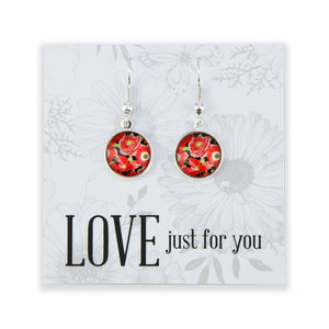 Floral earrings on a card with 'LOVE just for you' text