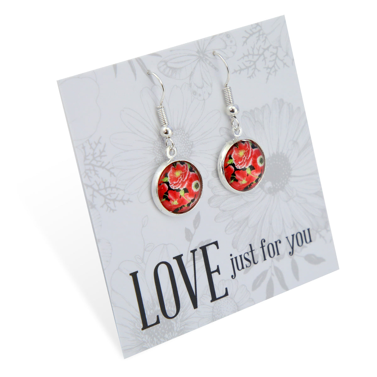 Floral earrings on a 'Love just for you' card