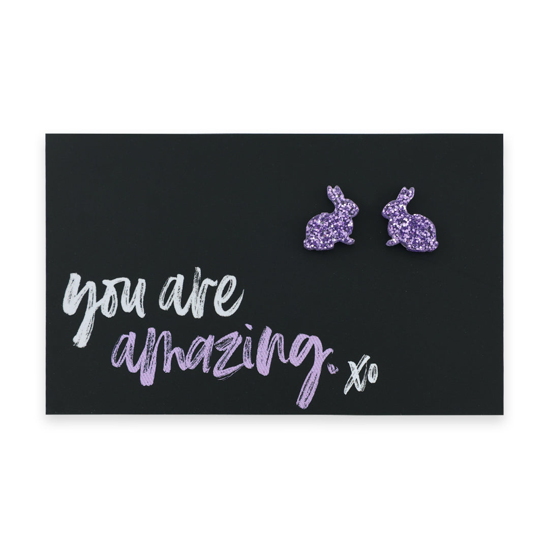 RESIN ACRYLIC BUNNY STUDS - You Are Amazing - Purple Glitter (9605)