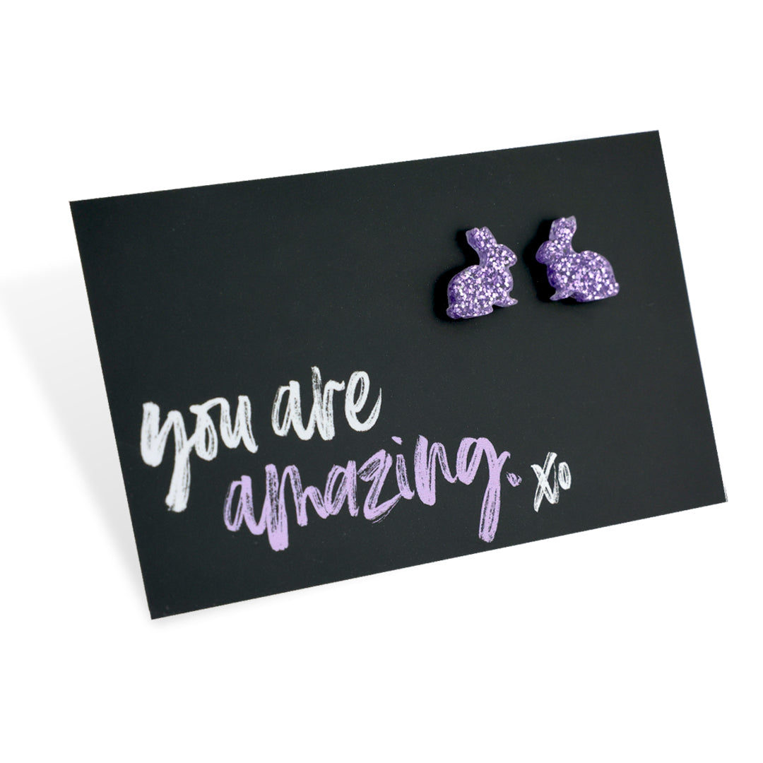 RESIN ACRYLIC BUNNY STUDS - You Are Amazing - Purple Glitter (9605)