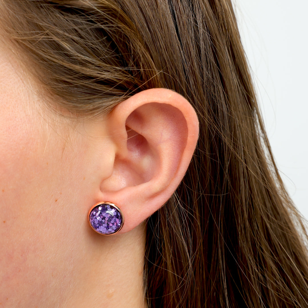 SPARKLEFEST - Shine Bright! - Rose Gold 12mm Circle Studs - Purple Glitter (11853)