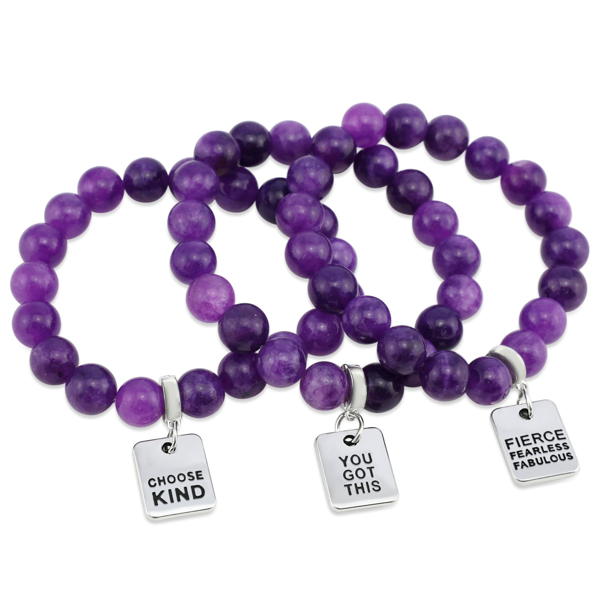 Stone Bracelet - Purple Paradise Agate 10mm Beads - with Silver Word Charm